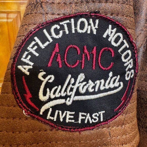 AFFLICTION Distressed Biker Jacket Embroidered Native Skull Zip-up Men's size XL - Picture 3 of 5